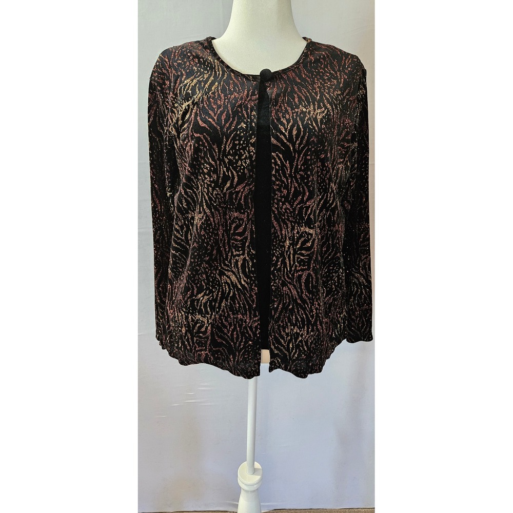 Notations Womens XL Black Metallic Glitter Animal Print Open Cardigan MVTF0171